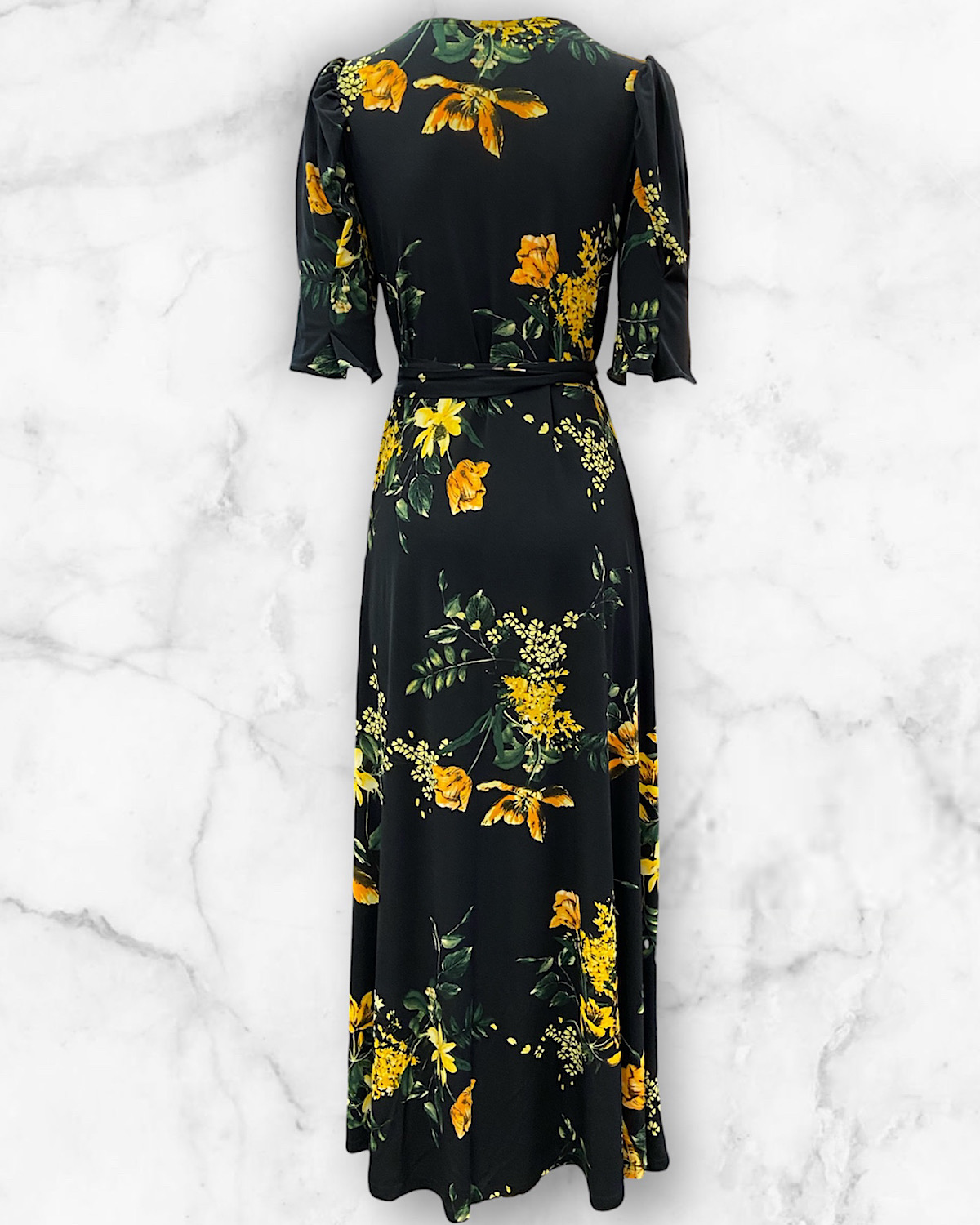 イエロー系フラワーストレッチワンピース