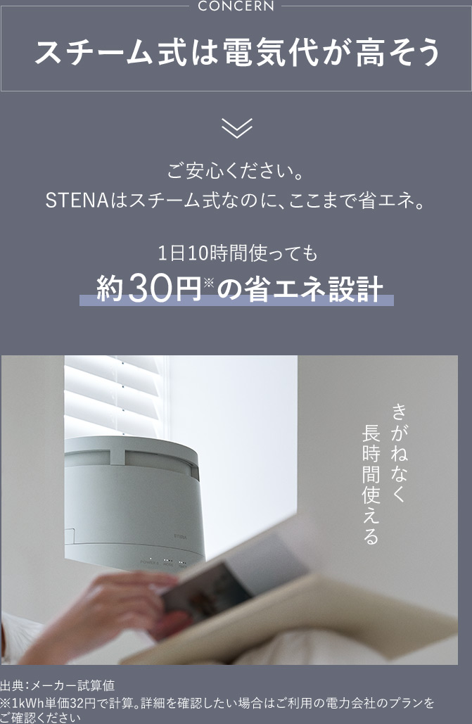 加熱式は電気代が高そう　ご安心くださいSTENAはスチーム式なのに1日10時間でも約30円の省エネ設計