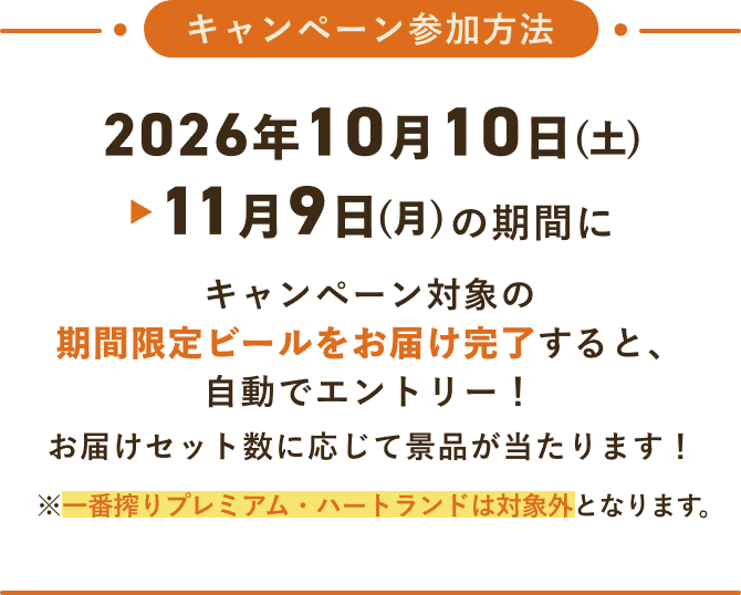 キャンペーン参加方法 2026年10月10日(土)~11月9日(月)の期間にキャンペーン対象の期間限定ビールをお届け完了すると、自動でエントリー!お届けセット数に応じて景品が当たります!※一番搾りプレミアム・ハートランドは対象外となります。