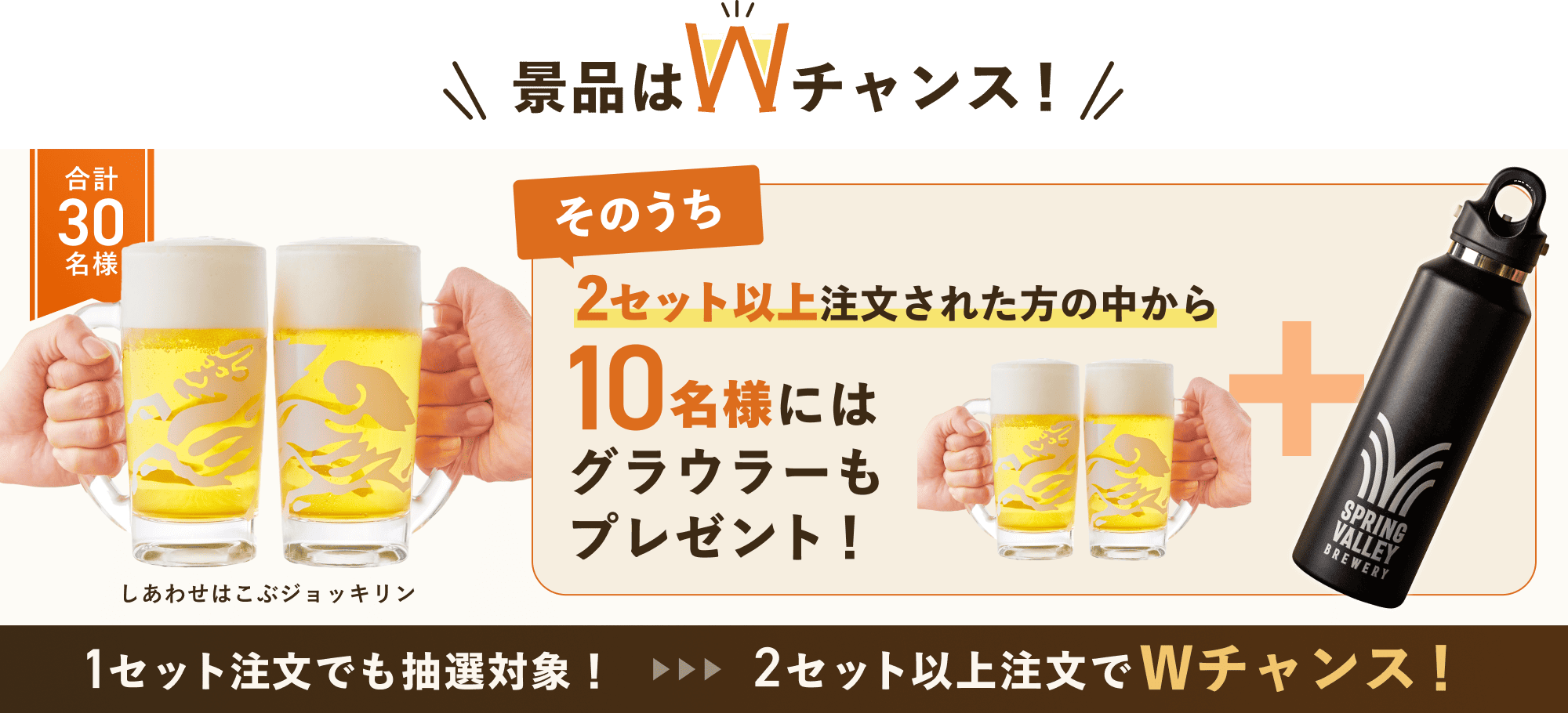 景品はWチャンス!合計30名様 しあわせはこぶジョッキリン そのうち2セット以上注文された方の中から10名様にはグラウラーもプレゼント! 1セット注文でも抽選対象! 2セット以上注文でWチャンス!