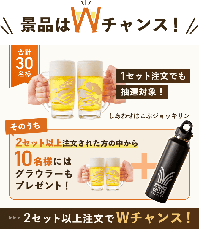 景品はWチャンス!合計30名様 しあわせはこぶジョッキリン そのうち2セット以上注文された方の中から10名様にはグラウラーもプレゼント! 1セット注文でも抽選対象! 2セット以上注文でWチャンス!