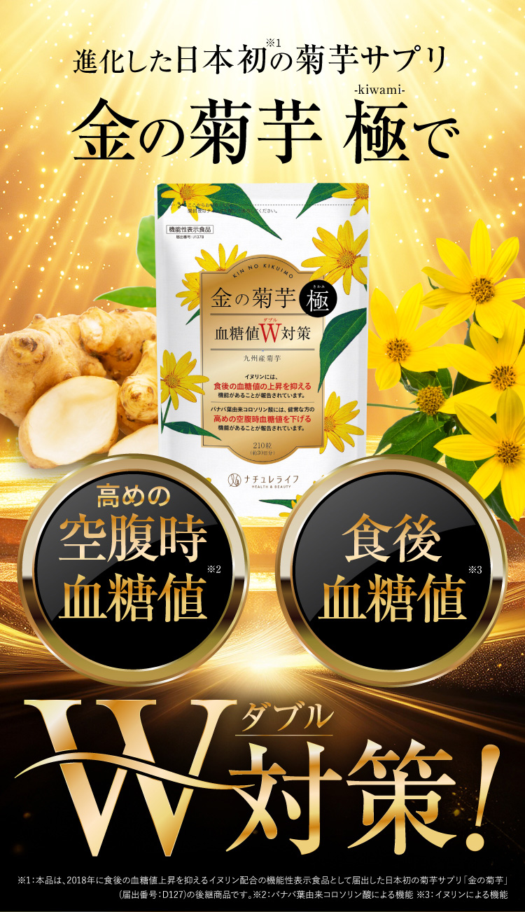 進化した日本初の菊芋サプリ金の菊芋極で高めの空腹時血糖値・食後血糖値・W対策
