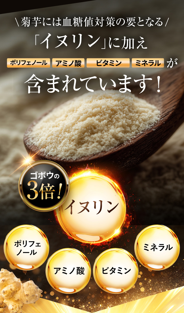 菊芋には血糖値対策のかなめとなるイヌリンに加えポリフェノール・アミノ酸・ビタミン・ミネラルが含まれています！