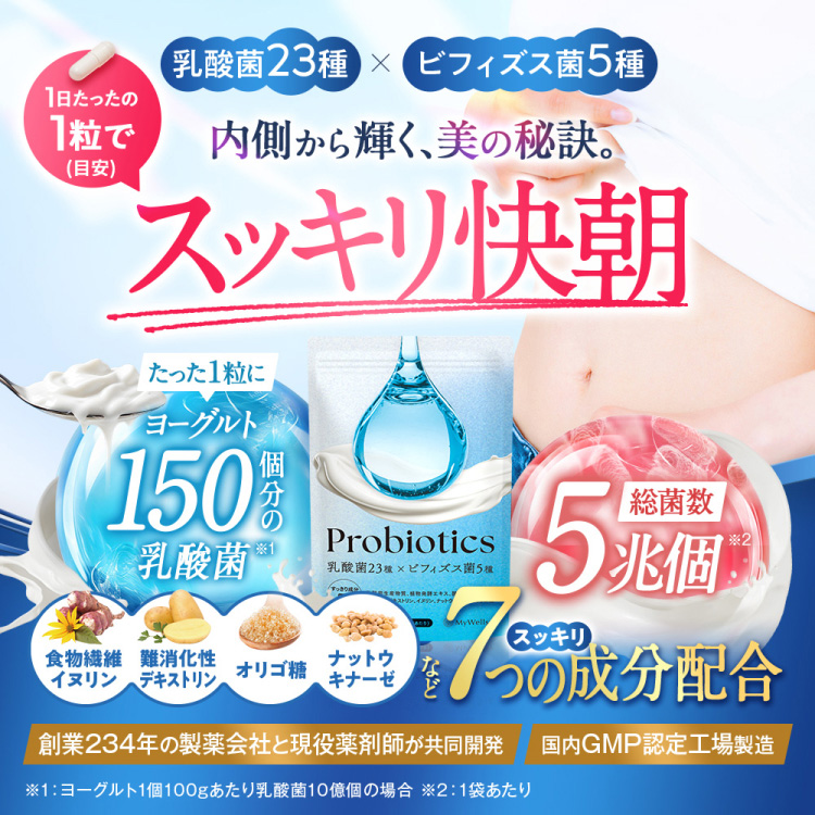 1日たったの1粒で(目安)乳酸菌23種xビフィズス菌5種 内側から輝く、美の秘訣。スッキリ快朝