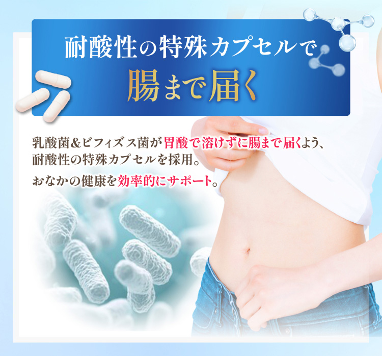 耐酸性の特殊カプセルで腸まで届く