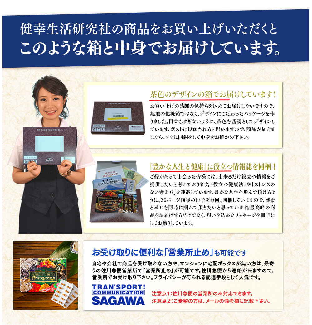 健幸生活研究社の商品をお買い上げいただくと、このような箱と中身でお届けしています。
