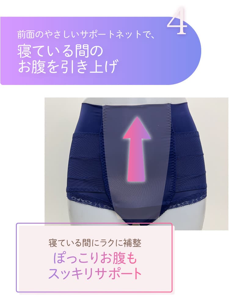 前面のやさしいサポートネットで、寝ている間のお腹を引き上げ
