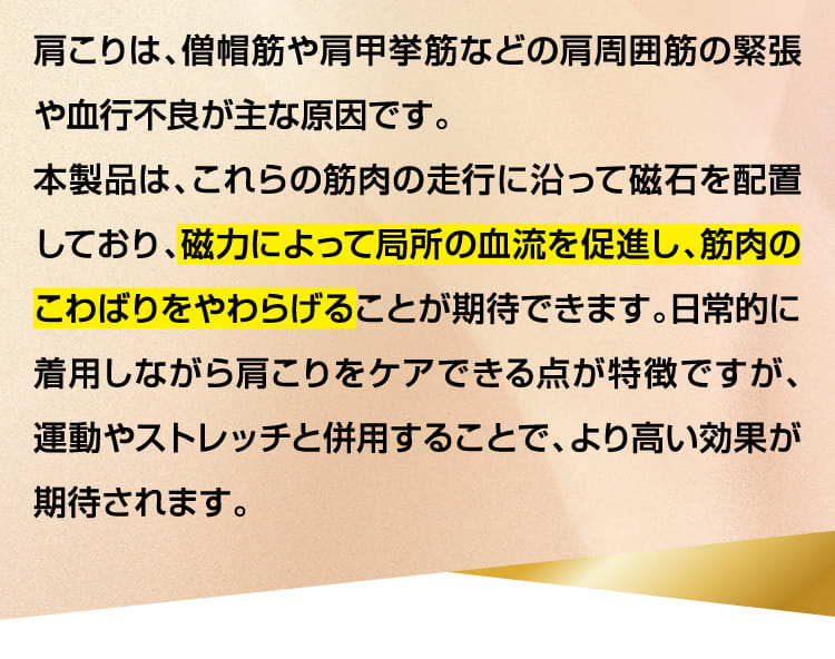 肩こりは、僧帽筋や肩甲挙筋などの肩周囲筋の緊張…