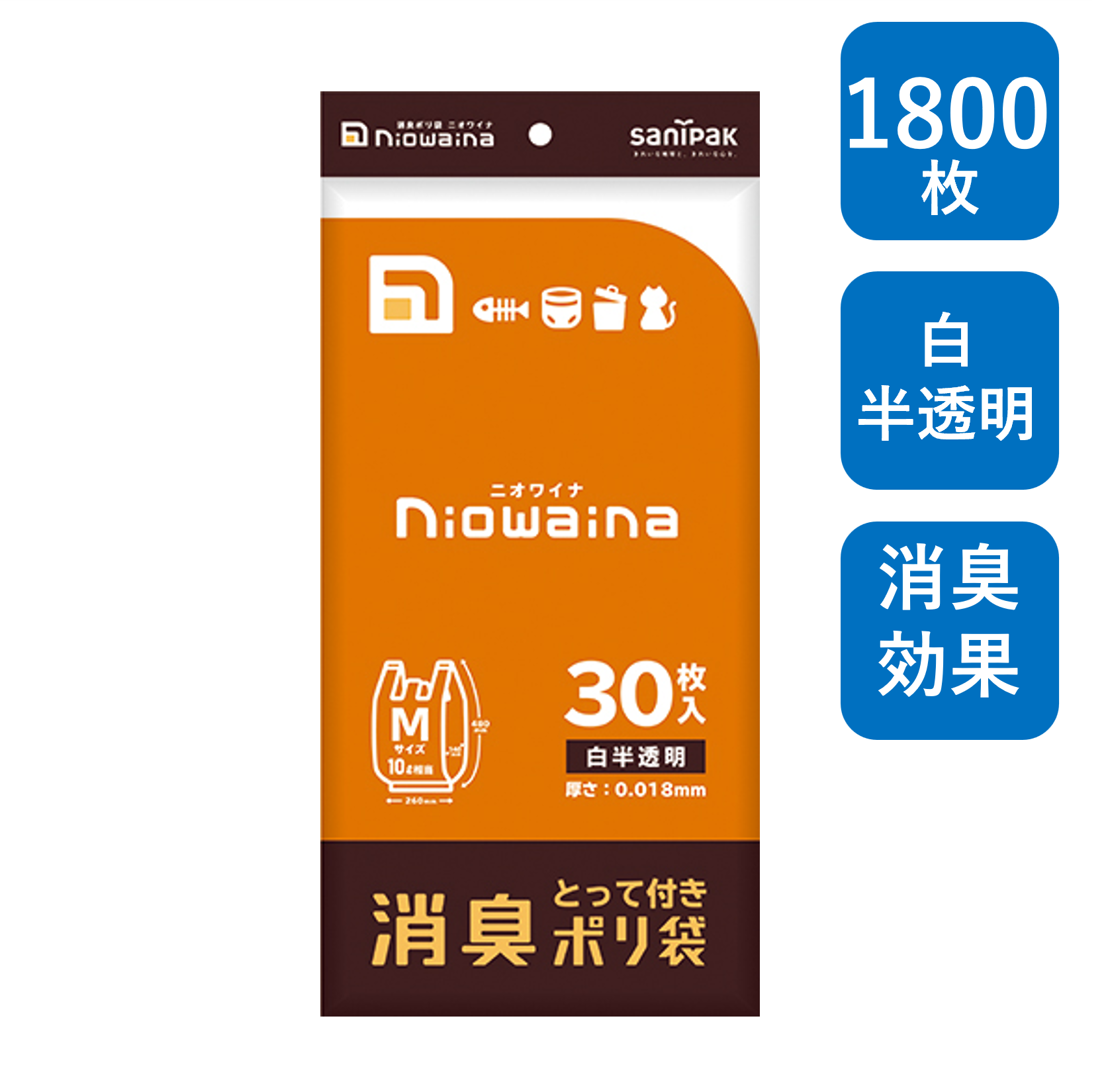 日本サニパック ニオワイナ 消臭ポリ袋 とって付き 白半透明 Mサイズ 1800枚(30枚×60冊) 0.018mm SY18