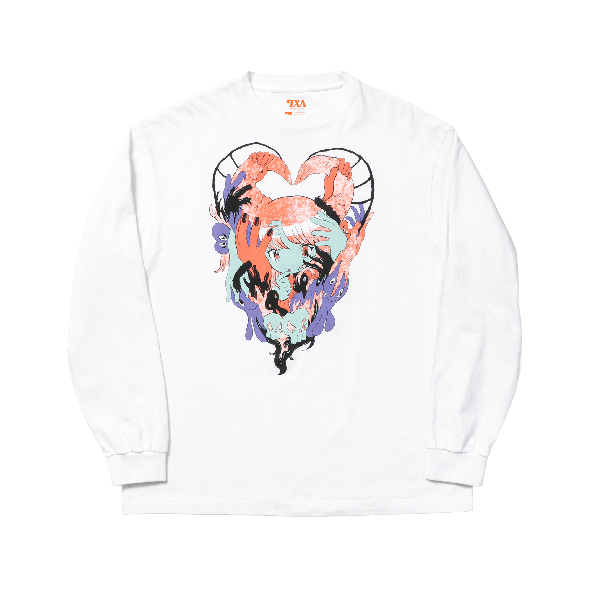 田中かえ L/S T-shirt White/Charcoal サイズ: L, カラー: ホワイト