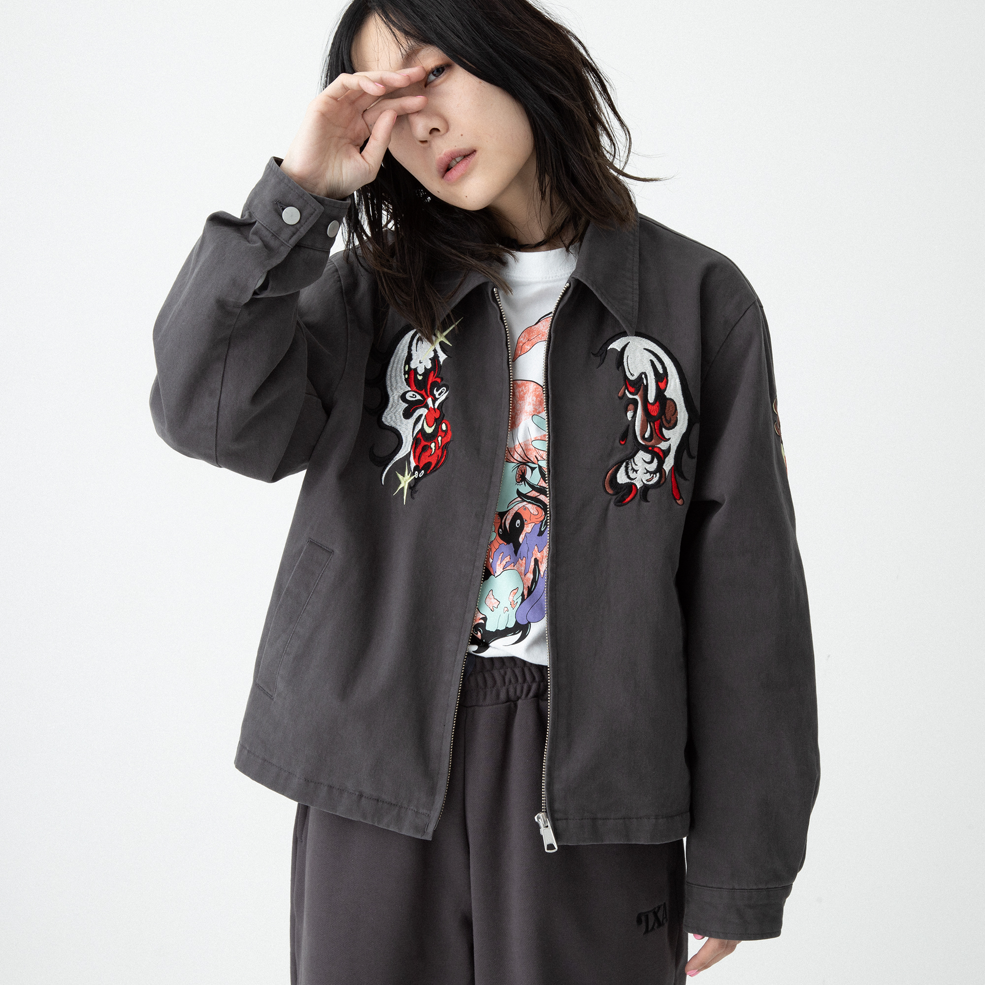 田中かえ Embroidery Jacket Smoke Black/Pale Green サイズ: 1, カラー: スモークブラック