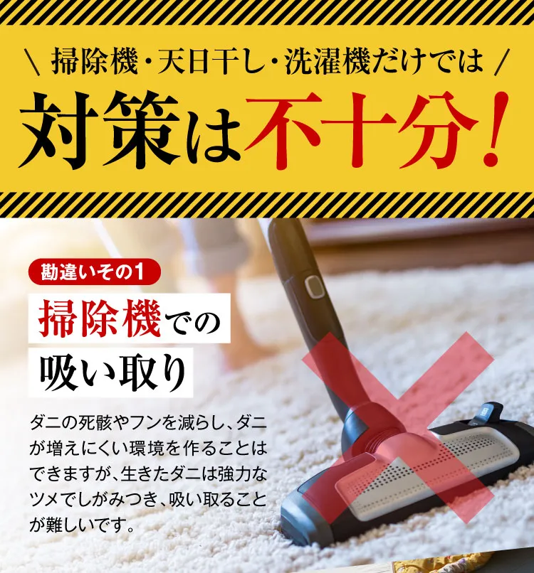 掃除機・天日干し・洗濯機だけでは対策は不十分 勘違いその1 掃除機での吸い取り