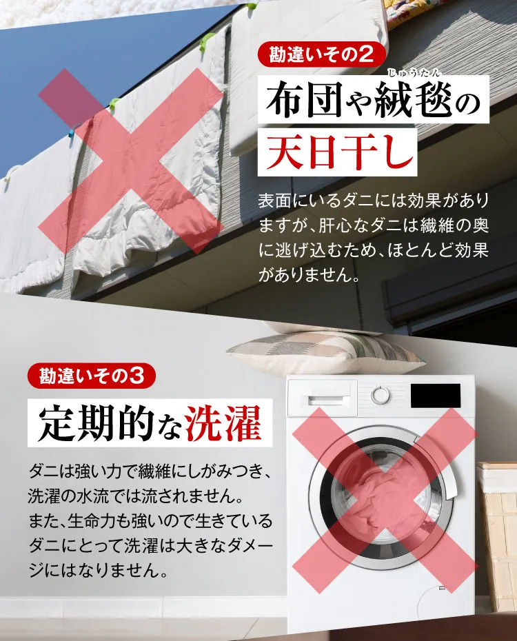 勘違いその2 布団や絨毯の天日干し 勘違いその3 定期的な洗濯