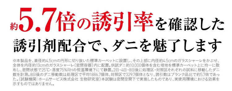 約5.7倍の誘引率を確認した誘引剤配合でダニを魅了します