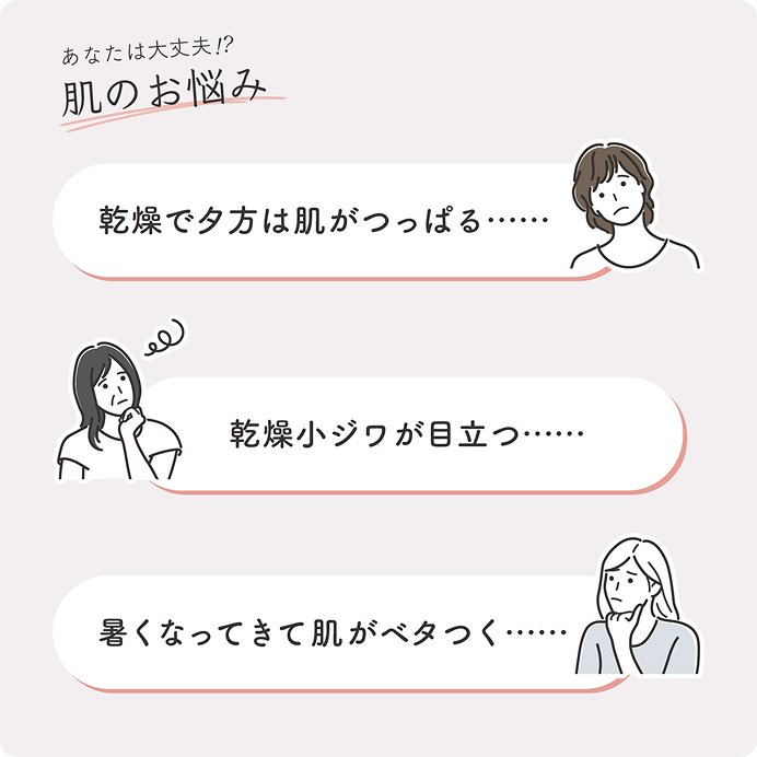あなたは大丈夫！？肌の悩み 乾燥で夕方は肌がつっぱる 乾燥小ジワが目立つ 暑くなってきて肌がベタつく
