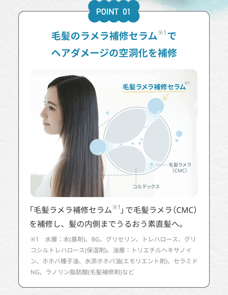 【POINT 01】毛髪のラメラ補修セラム（※1）でヘアダメージの空洞化を補修