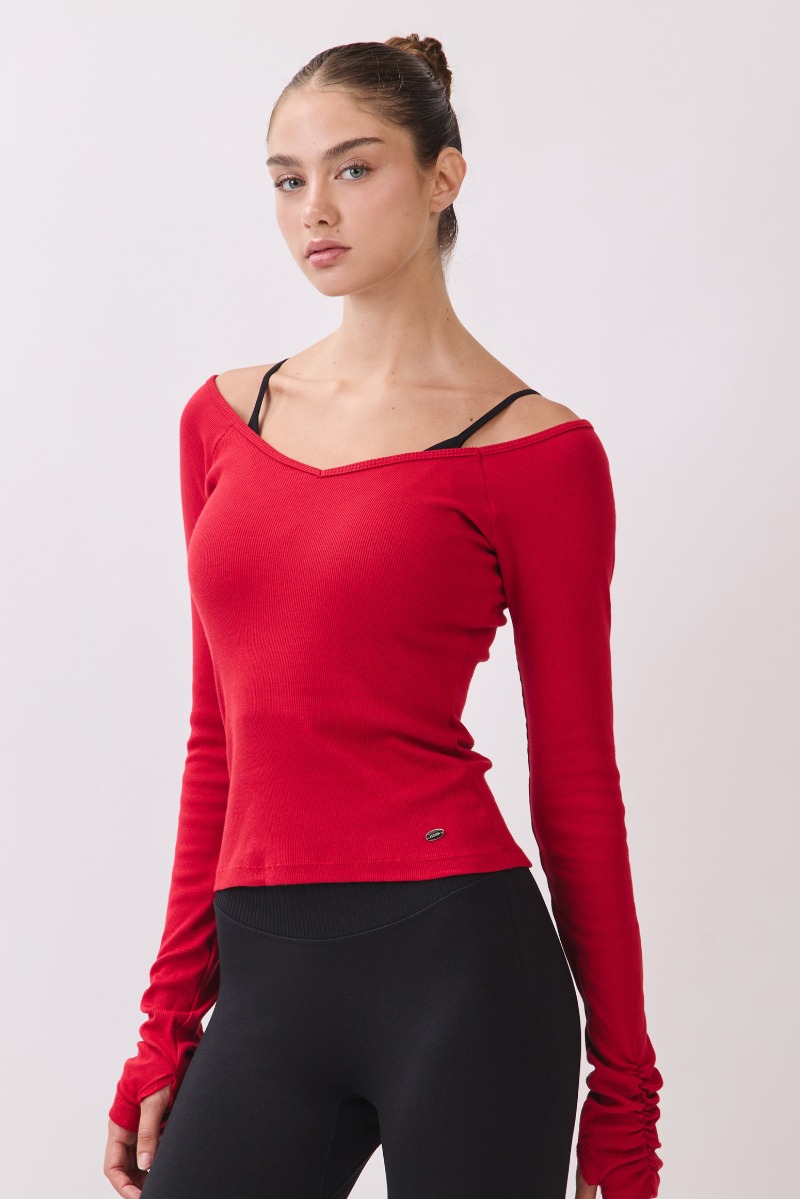 TL134 RIBBED L/SLEEVE T-SHIRT RED サイズ: S/M