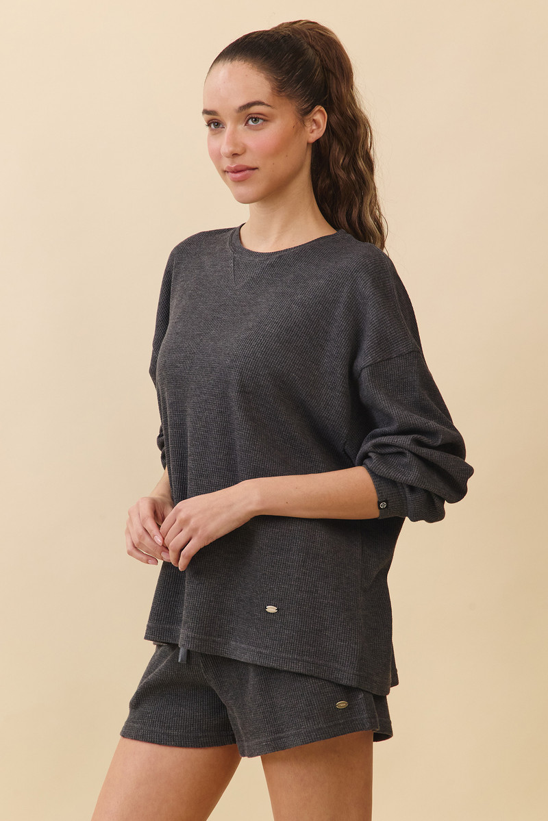 TL138 SOFT WAFFLE LONG TEE CHARCOAL SOLID