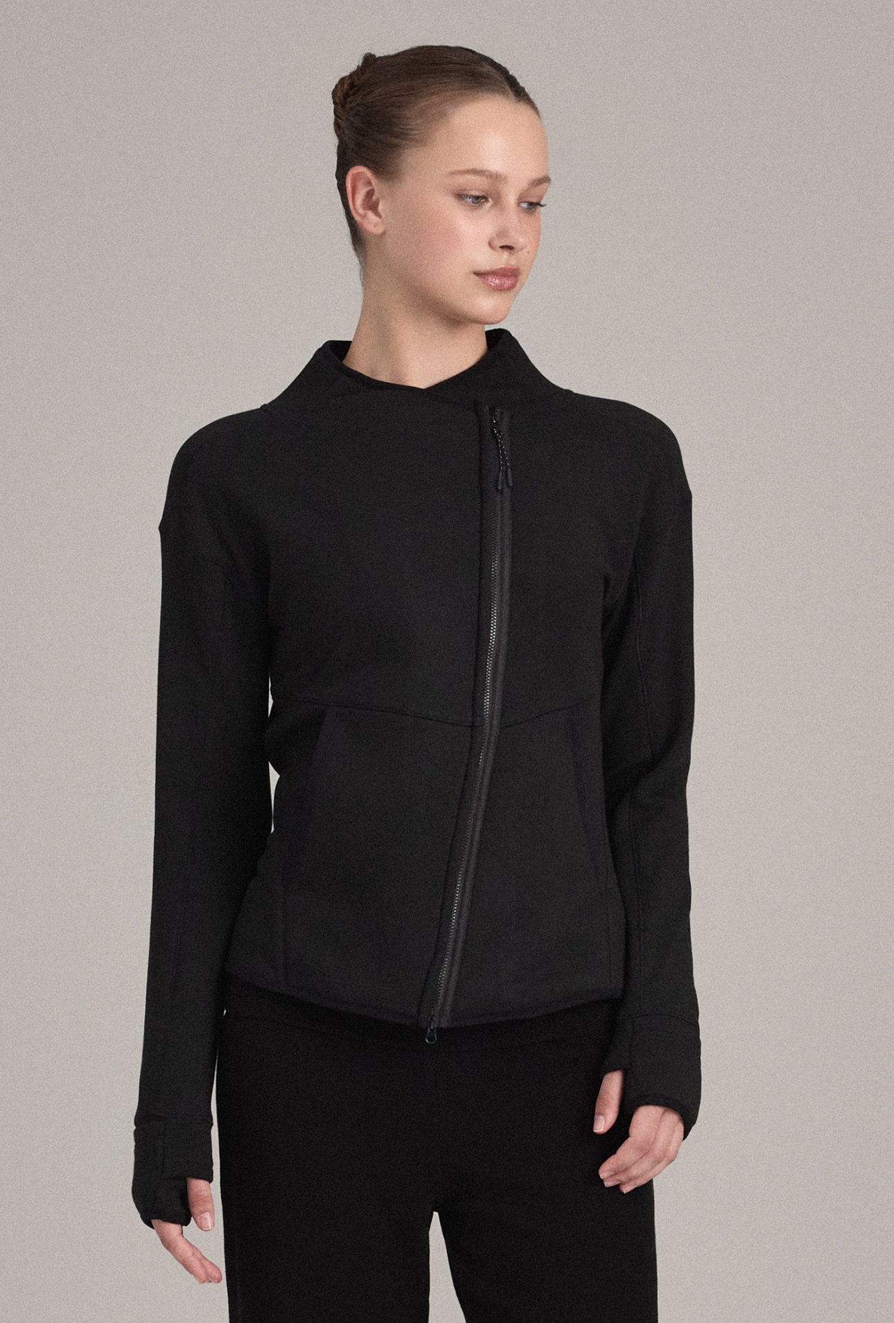 OZ351 ASYMMETRIC ZIP FLEECE JACKET BLACK SOLID