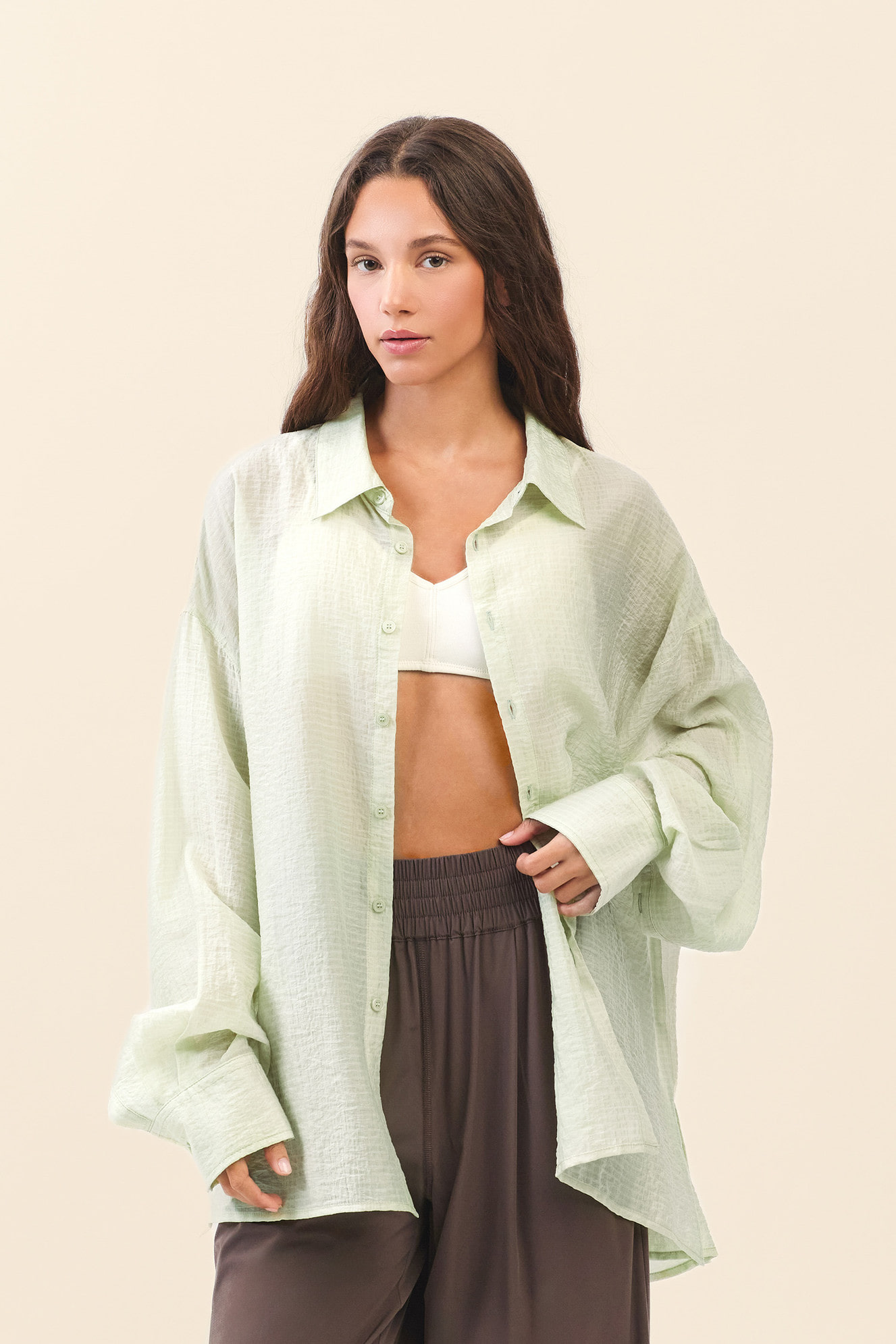ST194 WRINKLED SLIT SHIRT LIME SOLID