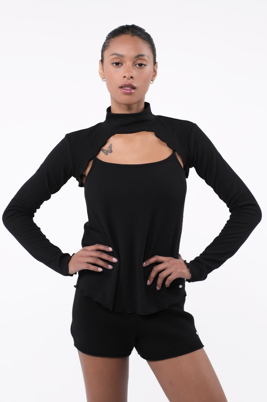 SP216 TURTLE NECK KNIT BOLERO COMBI BLACK サイズ: F