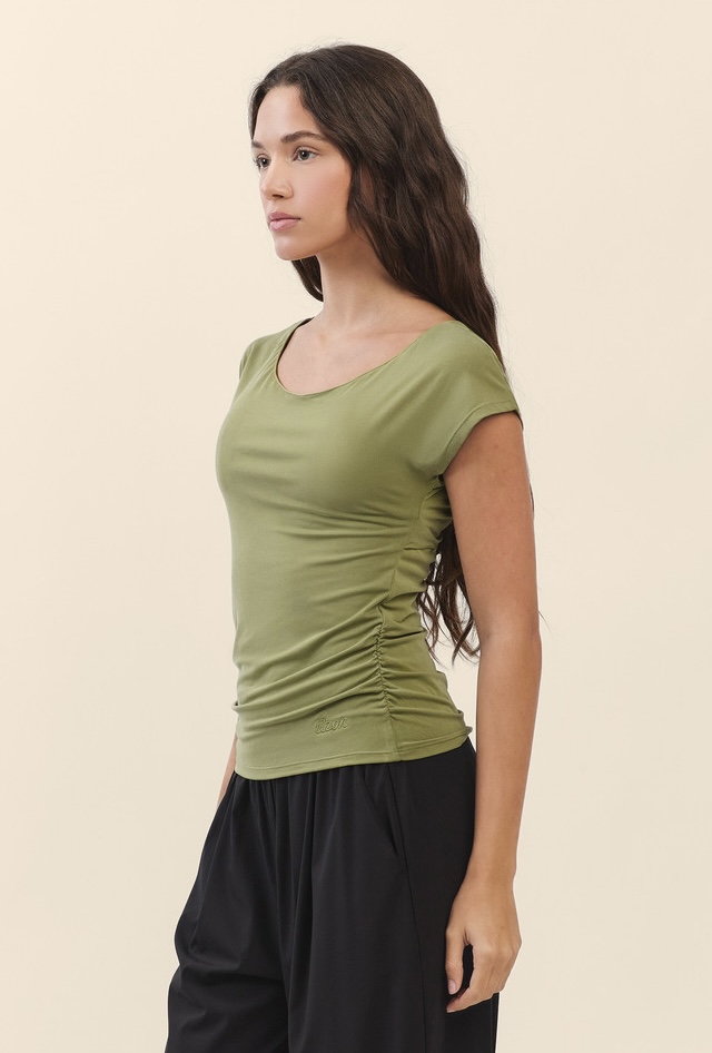 TS125 CONTOUR SHIRRING SLEEVELESS OLIVE SOLID サイズ: SS