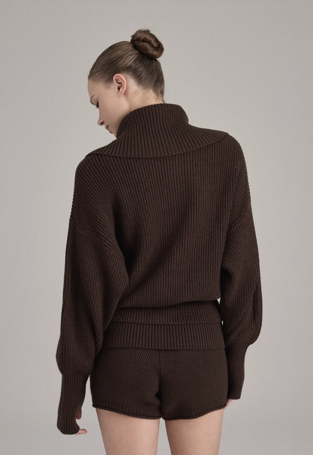 KC001 HIGH-NECK KNIT ZIP-UP BROWN SOLID サイズ: F