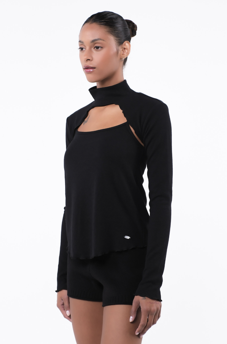 SP216 TURTLE NECK KNIT BOLERO COMBI BLACK サイズ: F