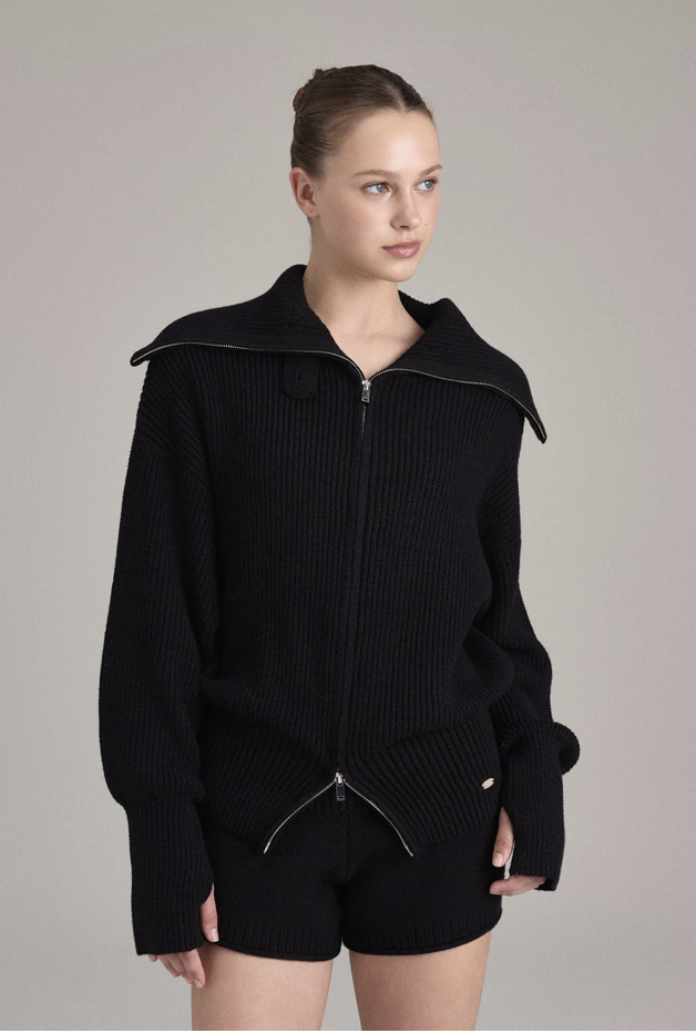 KC001 HIGH-NECK KNIT ZIP-UP BLACK SOLID サイズ: F