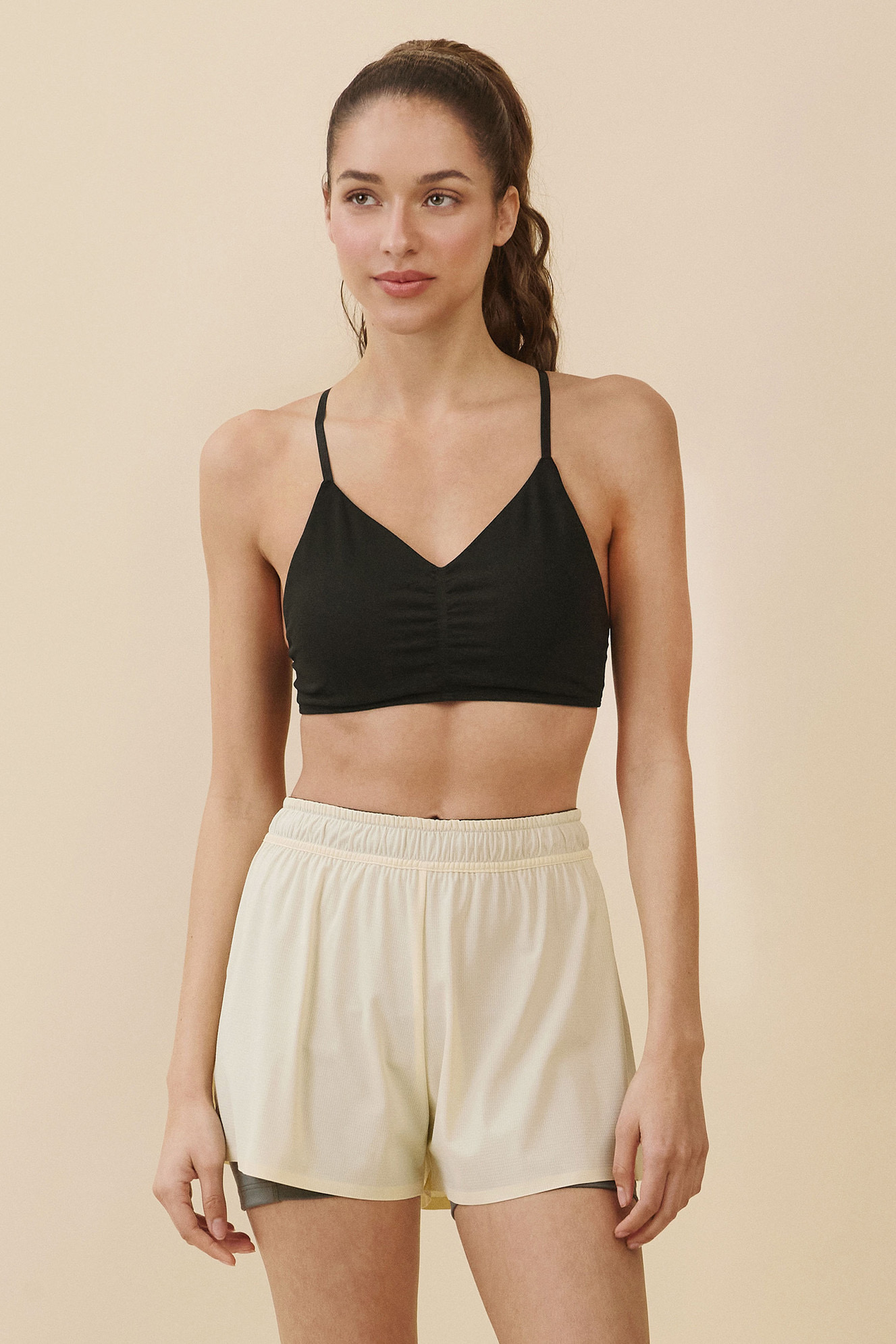 TB014 SHIRRED CROSS-BACK BRA TOP BLACK SOLID