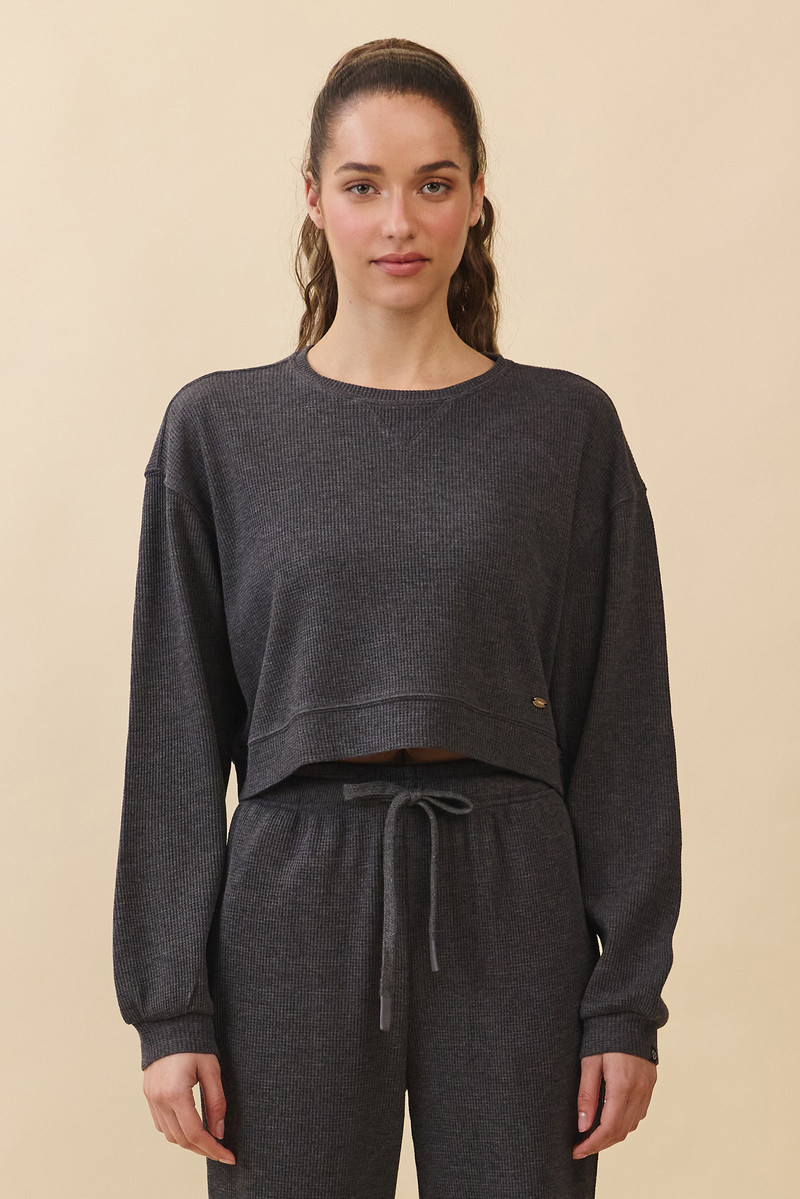 TL139 SOFT CROP WAFFLE LONG TEE CHARCOAL SOLID
