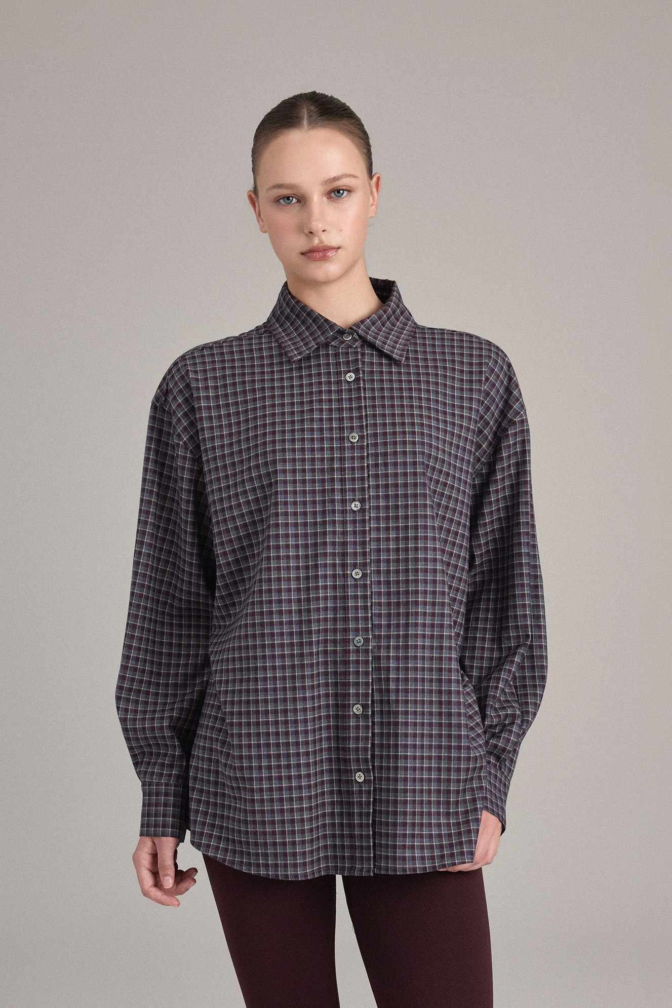 ST351 OVERSIZED CHECK SHIRT BURGUNDY SOLID