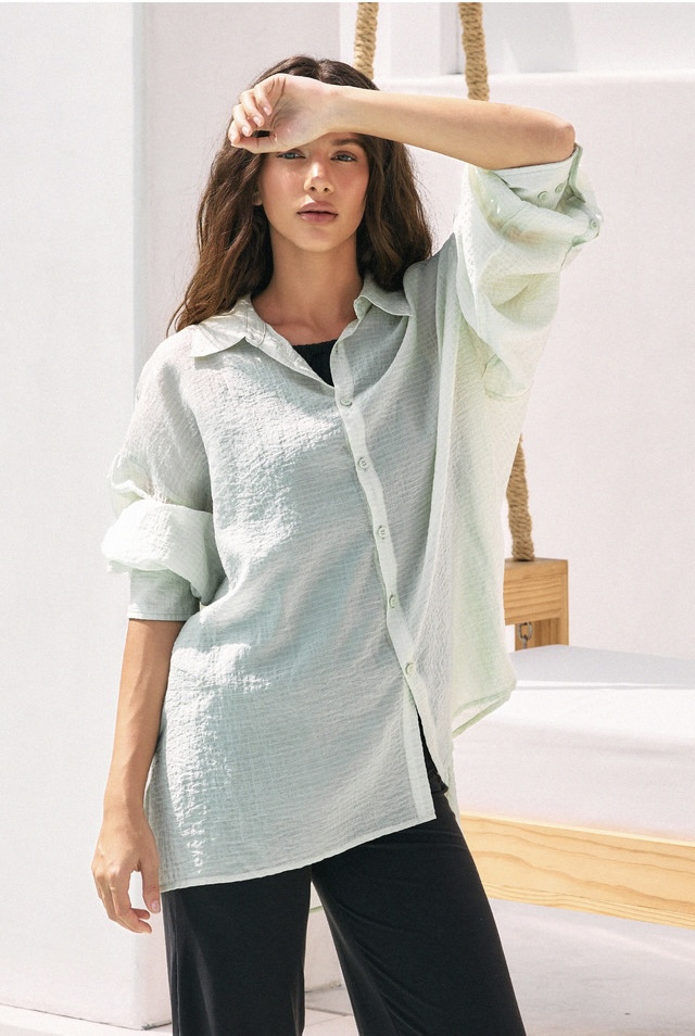 ST194 WRINKLED SLIT SHIRT LIME SOLID サイズ: F