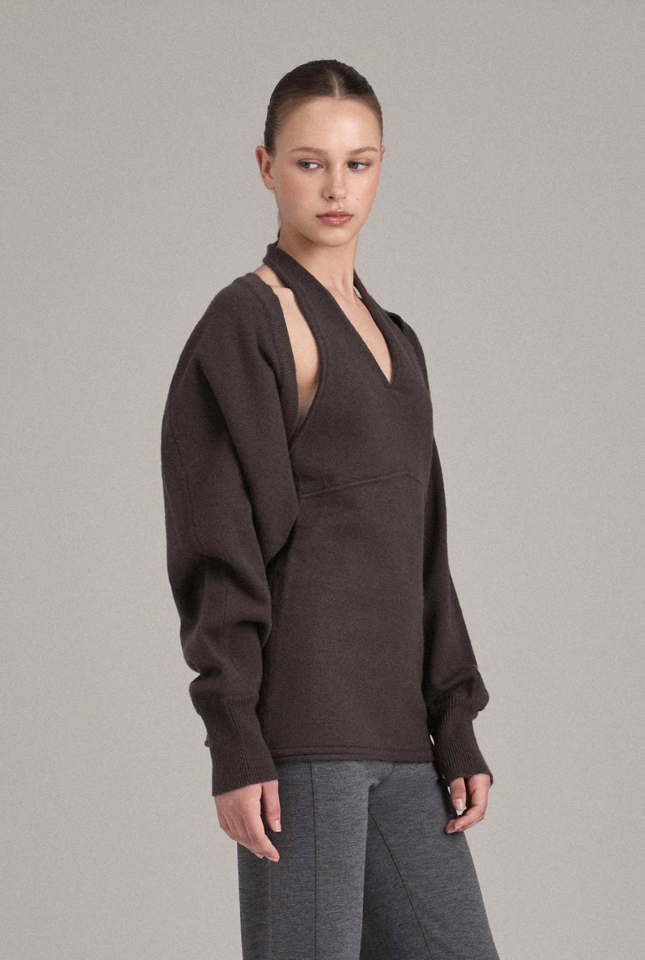 KC258 BOLERO KNIT CARDIGAN BROWN SOLID