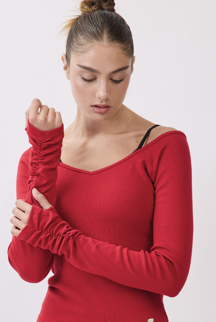 TL134 RIBBED L/SLEEVE T-SHIRT RED サイズ: S/M