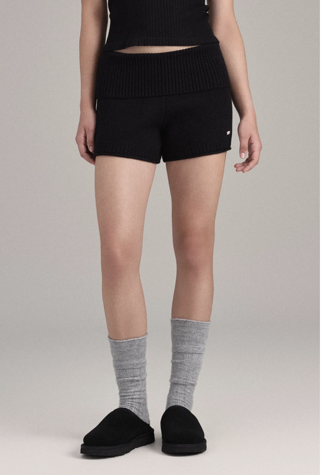 KP255 ROLL-UP WAIST KNIT SHORTS BLACK SOLID