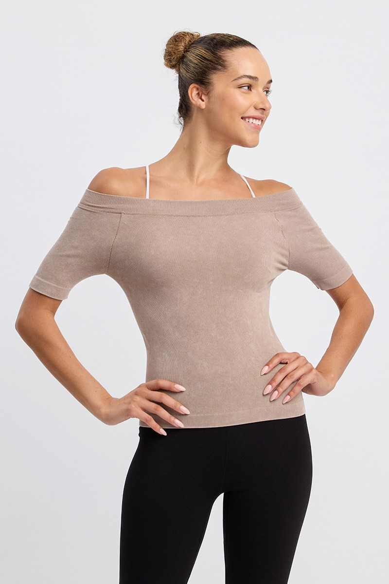 [60%OFF] TS034 WAVE OFF SHOULDER TEE BEIGE FADE