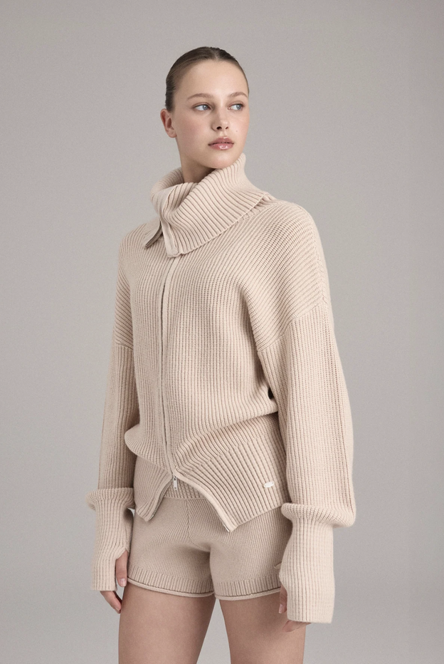 KC001 HIGH-NECK KNIT ZIP-UP BEIGE SOLID サイズ: F