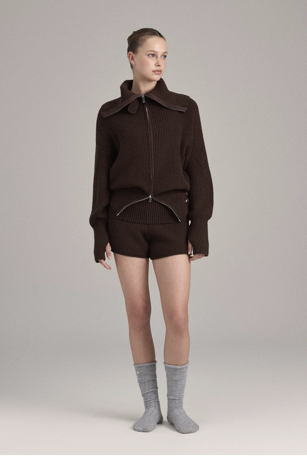 KP255 ROLL-UP WAIST KNIT SHORTS BROWN SOLID サイズ: SS