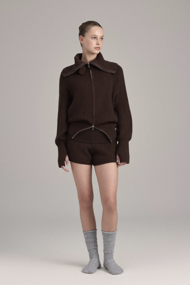 KC001 HIGH-NECK KNIT ZIP-UP BROWN SOLID サイズ: F