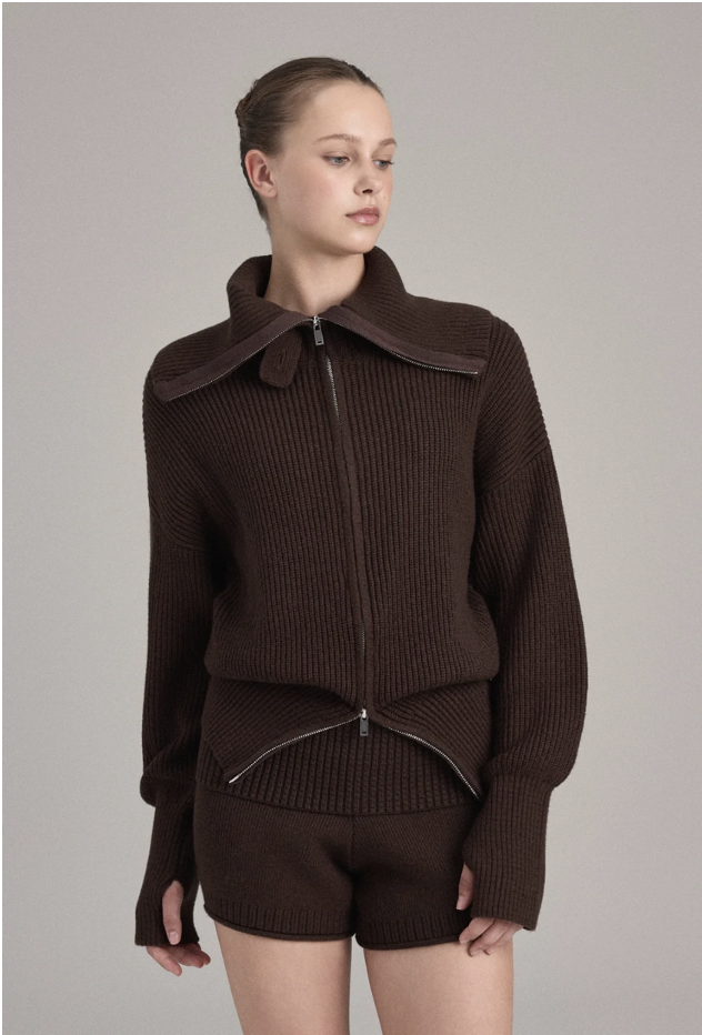 KC001 HIGH-NECK KNIT ZIP-UP BROWN SOLID サイズ: F