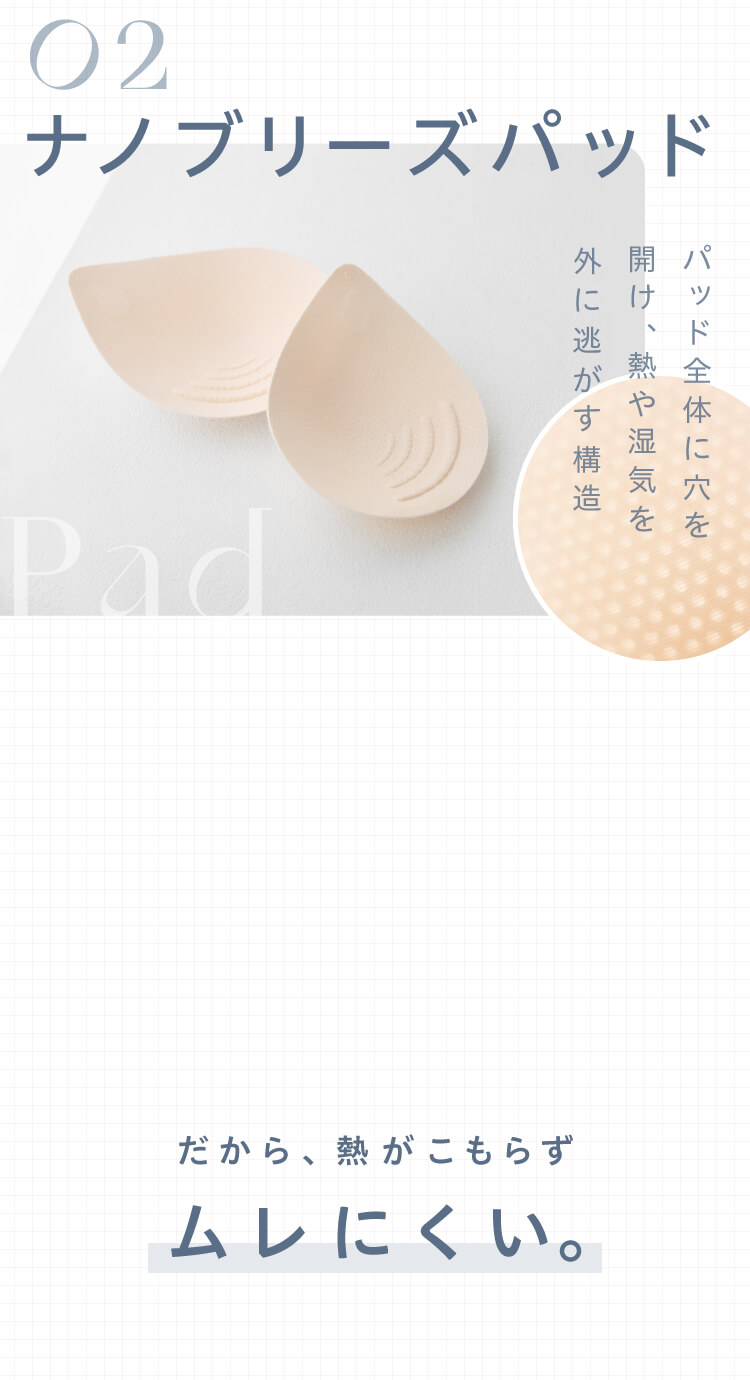 熱や熱気を外に逃がすナノブリーズパッドによる蒸れにくさの説明