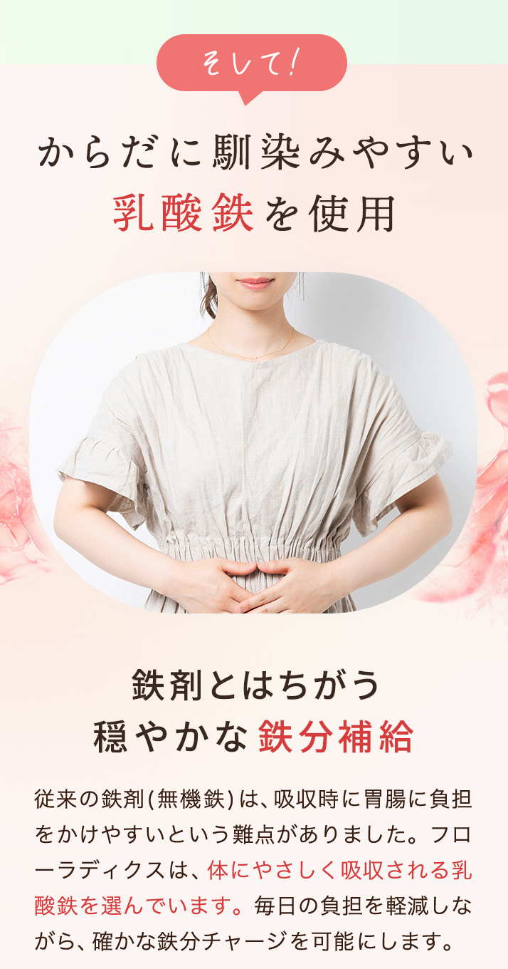 からだにやさしく吸収される乳酸鉄を配合