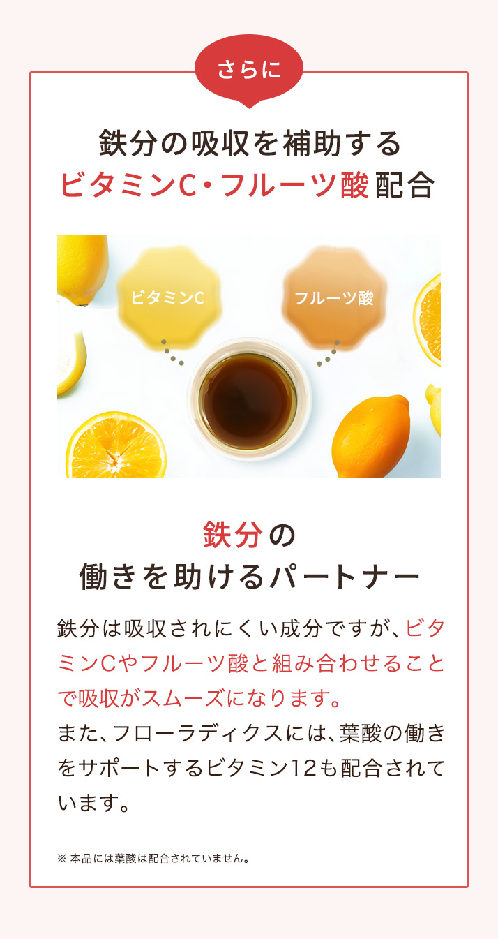 鉄分の吸収を補助するビタミンC・フルーツ酸を配合