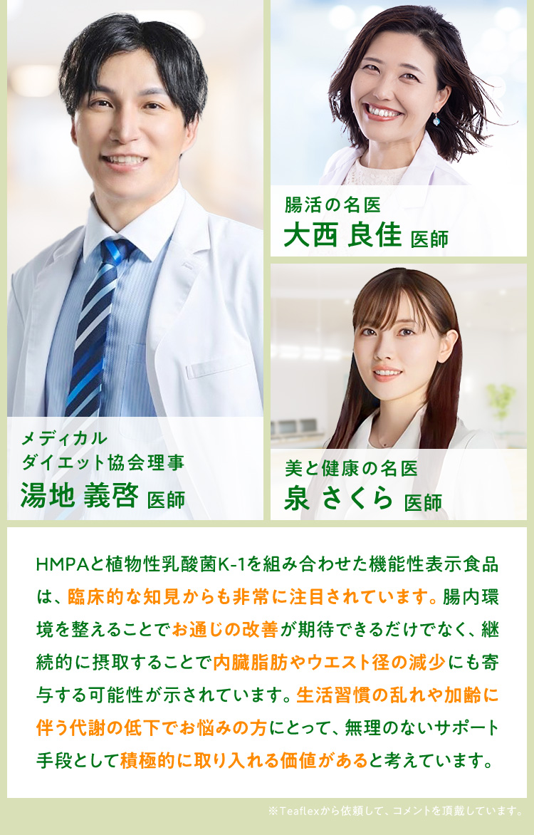 腸活の名医 大西 良佳 医師 メディカルダイエット協会理事 湯地 義啓 医師 美と健康の名医 泉 さくら 医師 HMPAと植物性乳酸菌K－1を組み合わせた機能性表示食品は、臨床的な知見からも非常に注目されています。腸内環境を整えることでお通じの改善が期待できるだけでなく、継続的に摂取することで内臓脂肪やウエスト径の減少にも寄与する可能性が示されています。生活習慣の乱れや加齢に伴う代謝の低下でお悩みの方にとって、無理のないサポート手段として積極的に取り入れる価値があると考えています。 ※Teaflexから依頼して、コメントを頂戴しています。