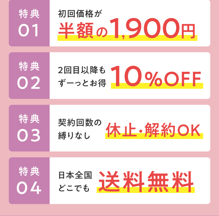 特典01 初回価格が半額の1,900円 特典02 2回目以降もずーっとお得10%OFF 特典03 契約回数の縛りなし休止・解約OK 特典04 日本全国どこでも送料無料