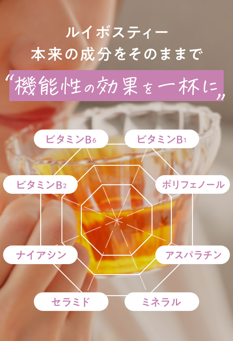 ルイボスティー本来の成分をそのままで機能性の効果を一杯に ビタミンB6・B1・B2・ポリフェノール・ナイアシン・アスパラチン・セラミド・ミネラル