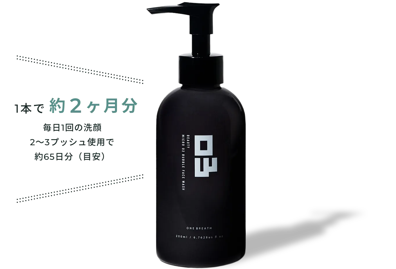1本で約2ヶ月分。毎日1回の洗顔2〜3プッシュ使用で約65日分（目安）