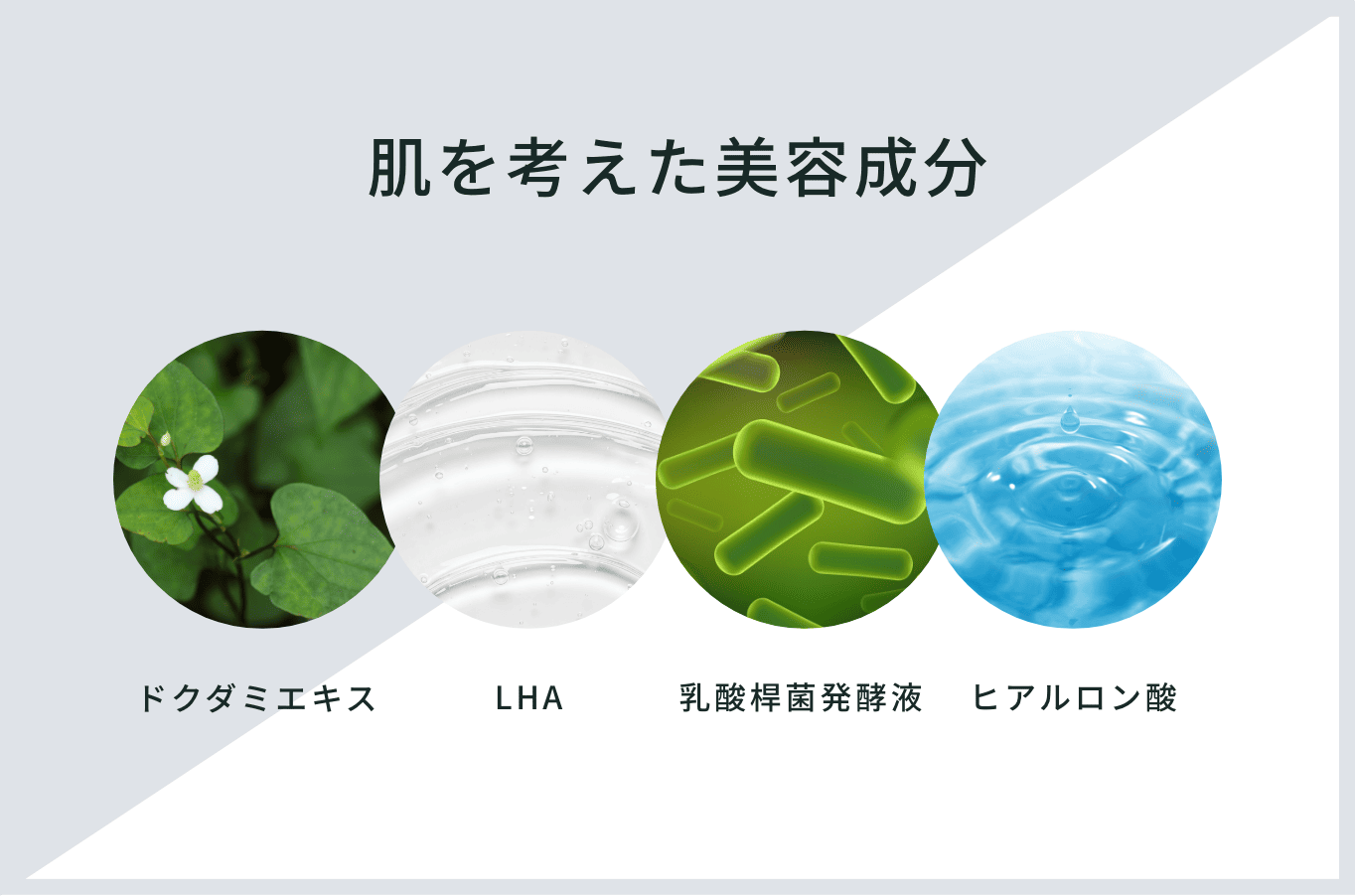 肌を考えた美容成分。ドクダミエキス、LHA、乳酸桿菌発酵液、ヒアルロン酸