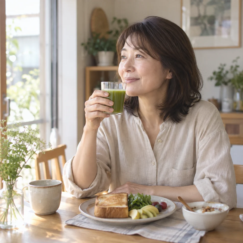 朝食の席で青汁を手にする50代女性